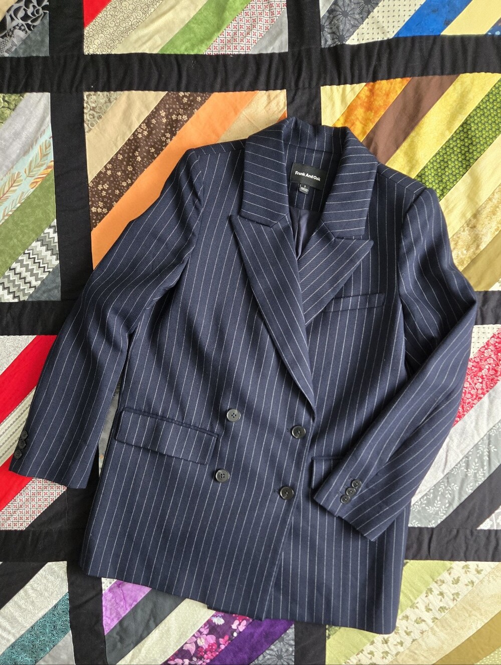 Frank & Oak Navy Pinstripe Double-Breasted Blazer